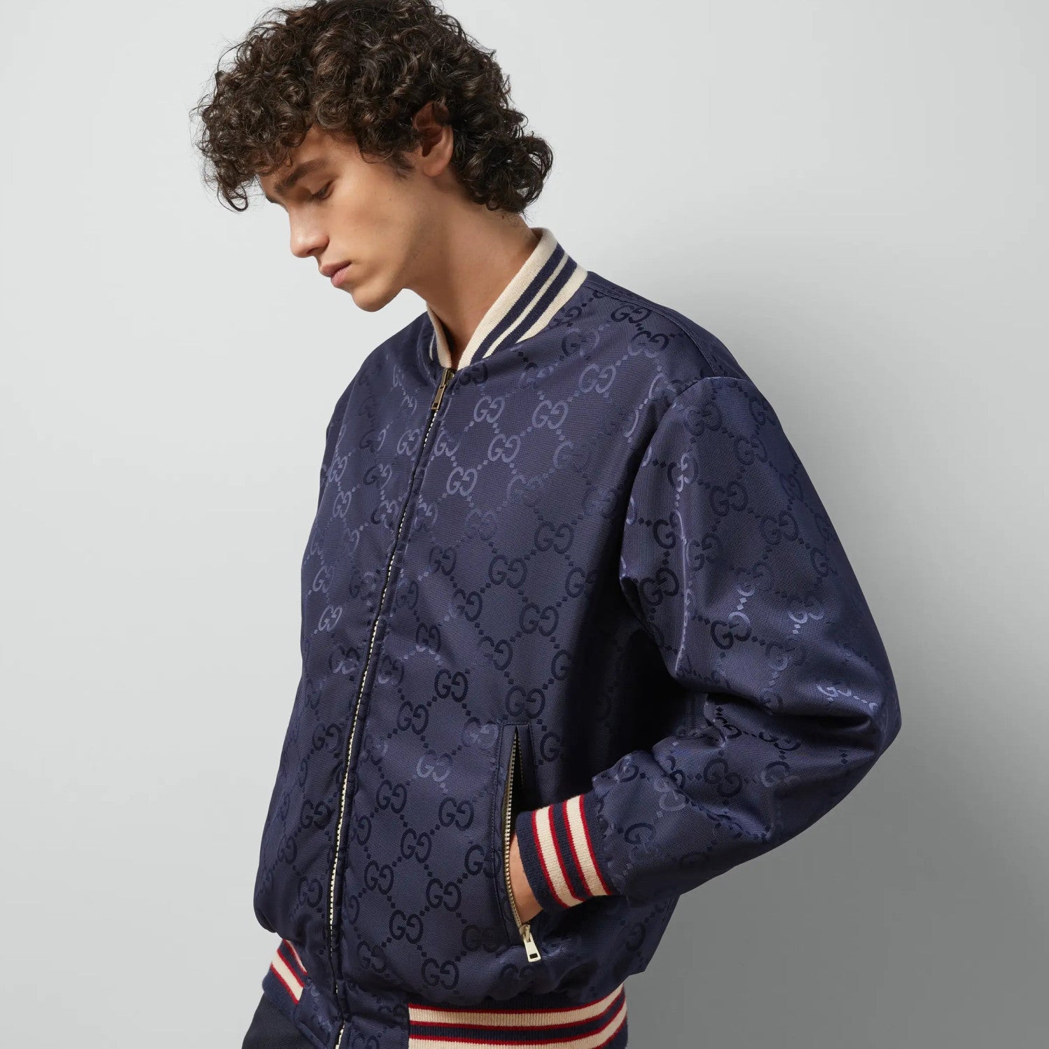 Gucci Men's Spring and Autumn Navy Reversible Round Neck Zipper Sport Long Sleeve Jacket #73214