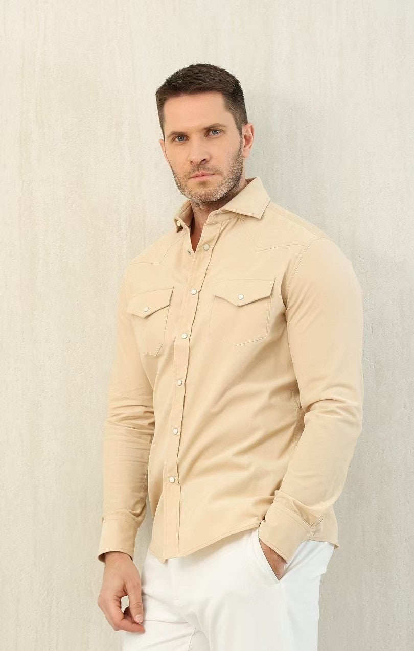 Brunello Cucinelli Men's Spring And Fall Cotton Lapel Solid Color Single-Breasted Chest Pocket Long Sleeve Fitted Shirt Ngvp #1557