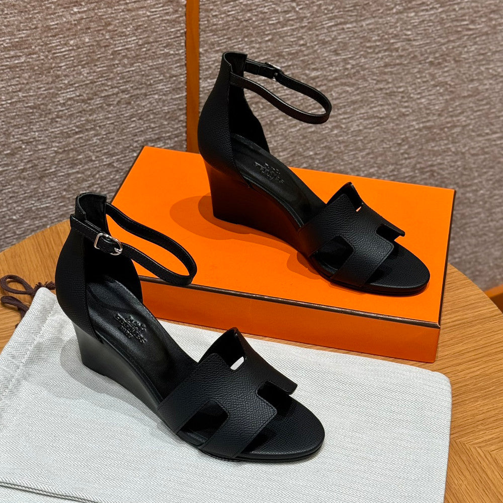 Hermes Legend Women's Solid Color Summer Solid Color Open Toe Buckle Leather Thick Sole High Heel Sandals Shoes #77466