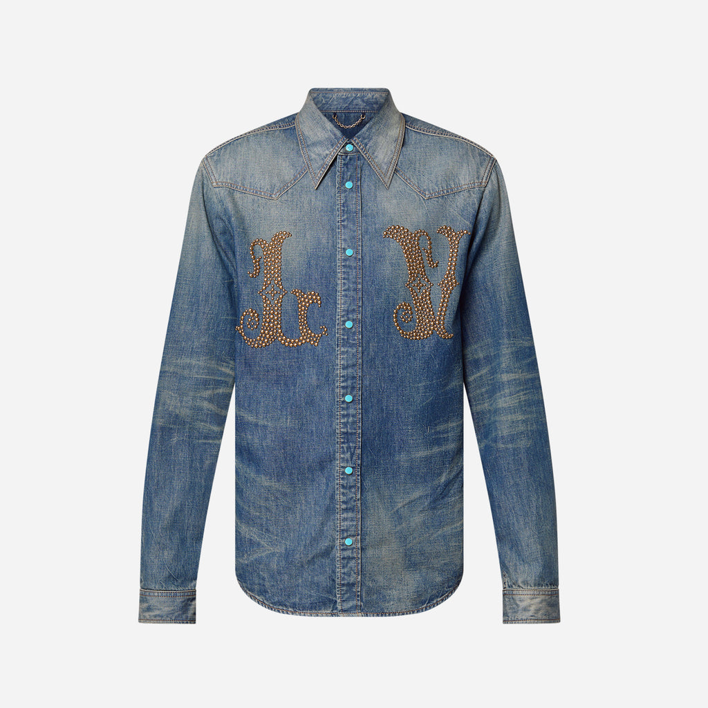 Louis Vuitton Men's Spring And Fall Cotton Logo Rivets Embellished Single-Breasted Slim Long-Sleeved Blue Denim Shirt #71621