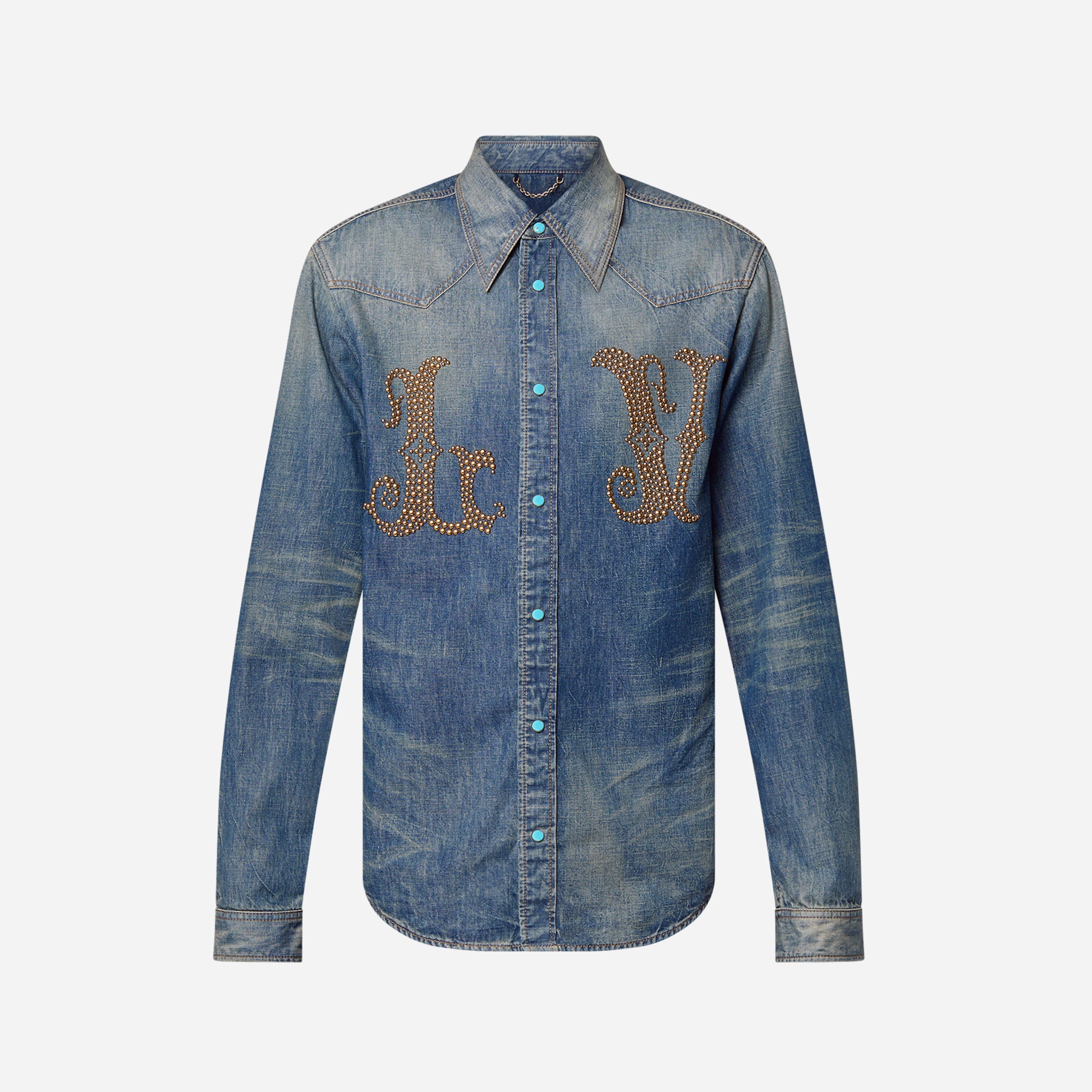 Louis Vuitton Men's Spring And Fall Cotton Logo Rivets Embellished Single-Breasted Slim Long-Sleeved Blue Denim Shirt #71621