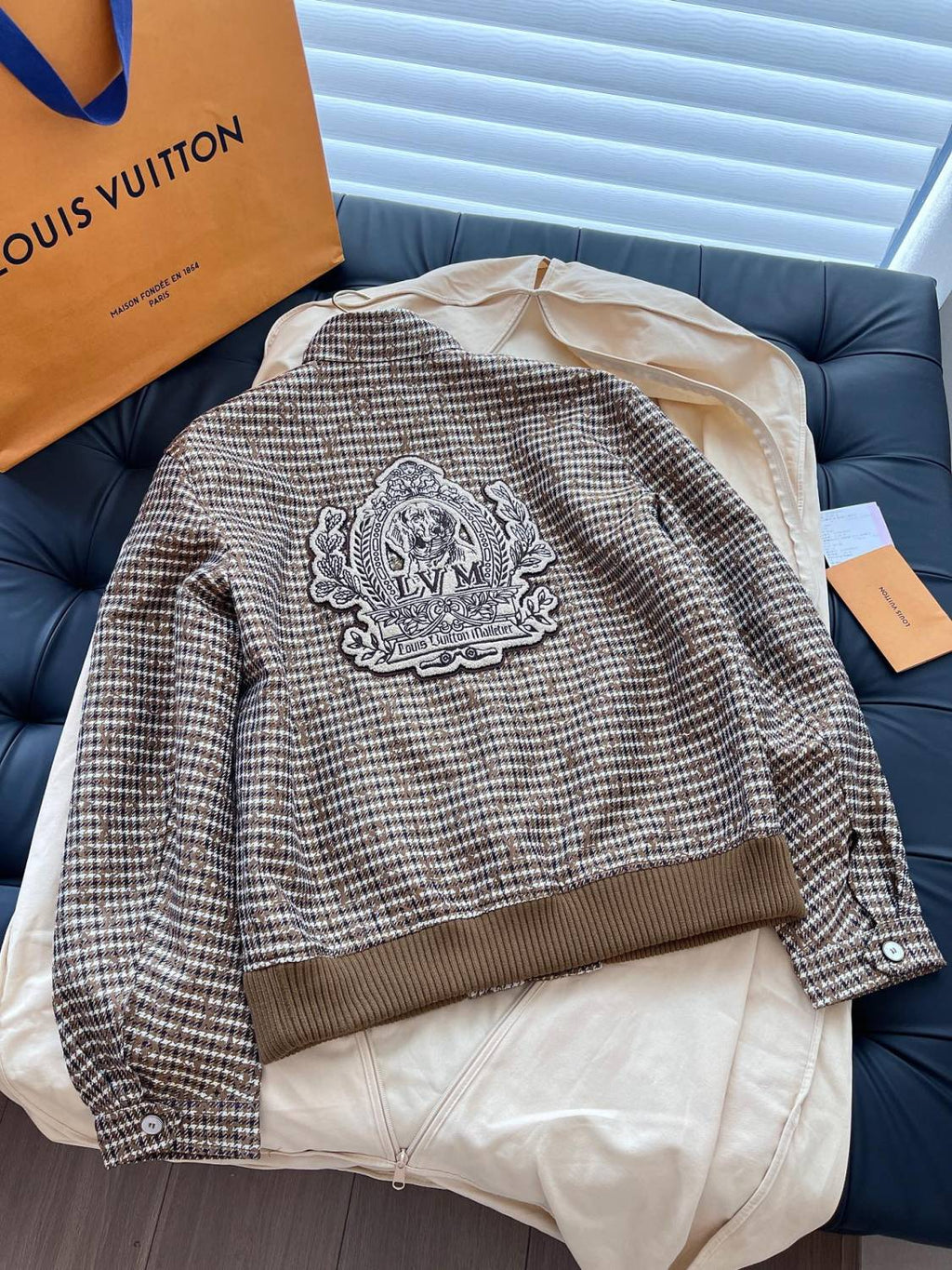 Louis Vuitton Men's Spring Autumn Monogrammed Jacquard Wool Harrington Blouson Zipper Long Sleeve Jacket #71837