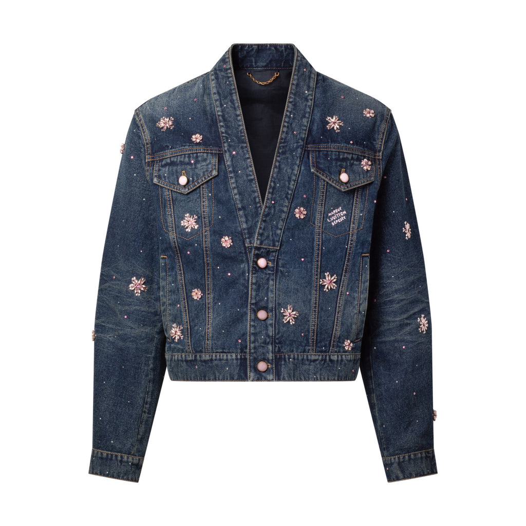 Louis Vuitton Men's and Women's Fashion Casual V Neck Embroidered Kimono Style Long Sleeve Denim Jacket  Embroidered Workwear Denim Shorts Suit Set #78735