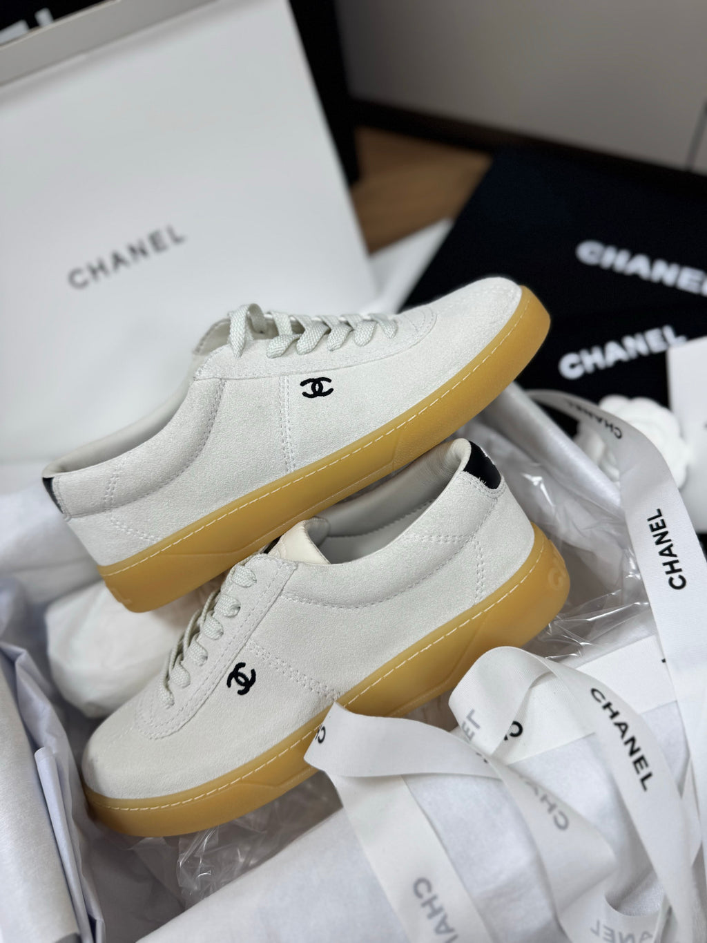 CHANEL Sneakers Suede Calfskin Calfskin White Black #381214