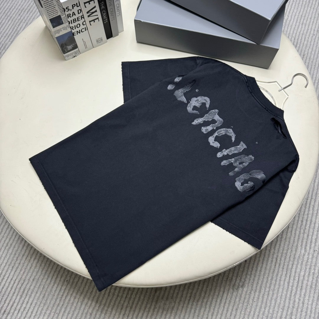 Balenciaga Women's Summer Painted Faded Washed Black Vintage Plain Knit Regular Fit Short Sleeve T-Shirt #74871