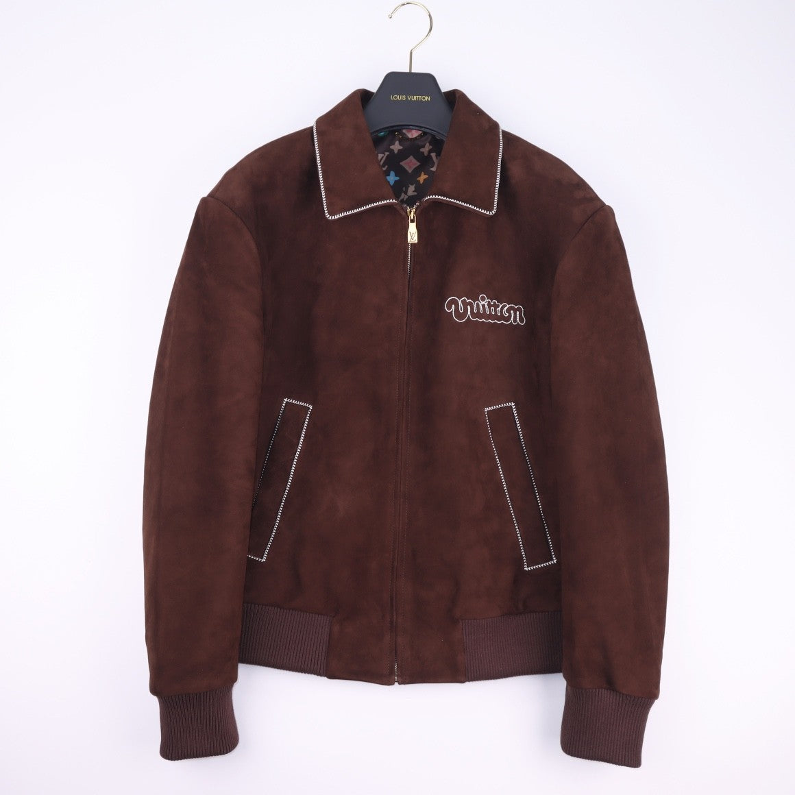 Louis Vuitton Men's Fall and Winter Brown Letter Zipper Lapel Casual Pilot Leather Long Sleeve Jacket #72671