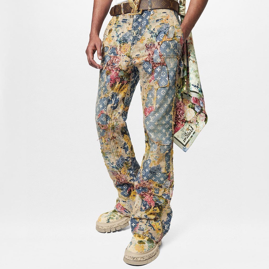 Louis Vuitton Destroyed Carpenter Bell Bottom Denim Pants #5858