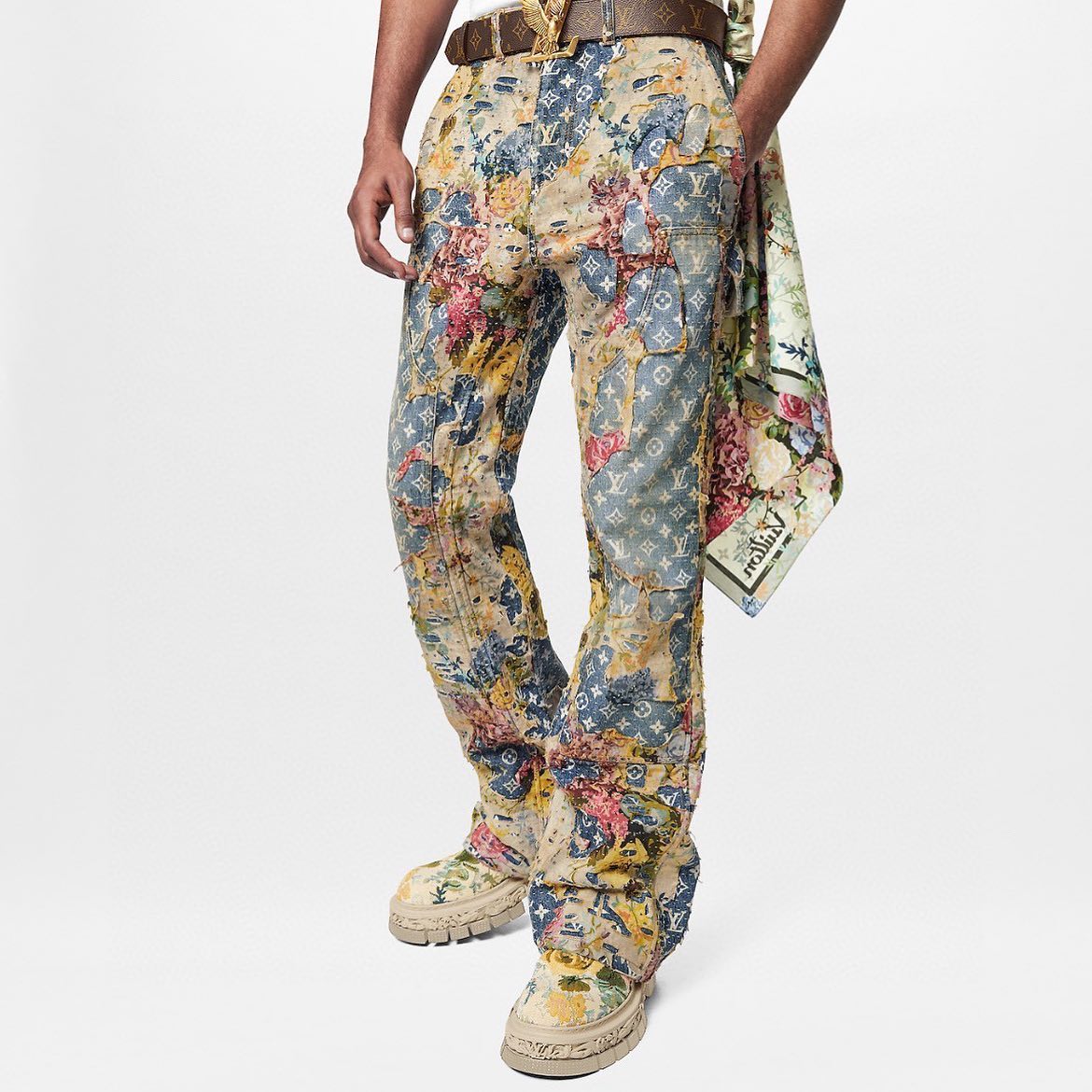 Louis Vuitton Destroyed Carpenter Bell Bottom Denim Pants #5858