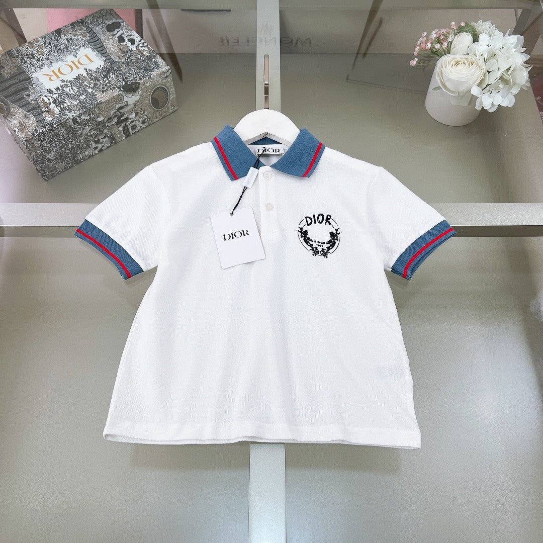 Dior Kid's Summer Logo Letter Print Striped Cotton Short Sleeve Lapel White Polo Shirt #31251