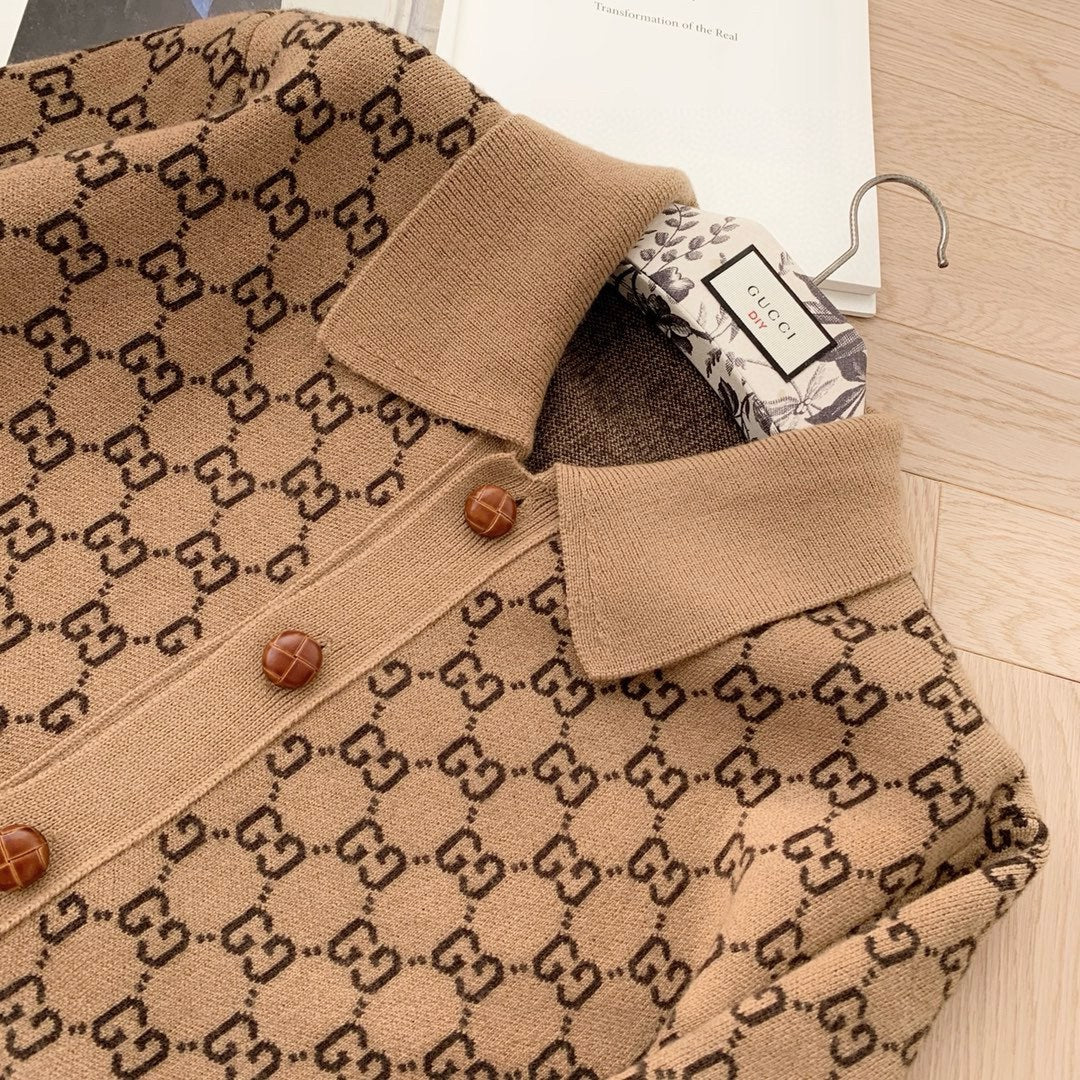 Gucci Men's Spring And Fall Khaki Monogrammed Single Breasted Wool Knit Long Sleeved Cardigan Jacket #73726