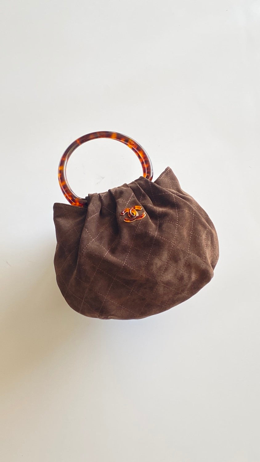 CHANEL 26C Women's Tortoiseshell Acrylic Handbag with Gold Metallic Ingot Design and Suede Finish #83224A