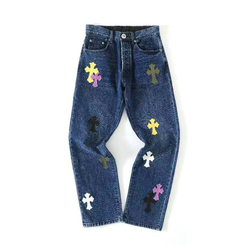Chrome Hearts Men's and Women's Spring and Fall Cross Calfskin Labeled Blue Jeans Pants #76119