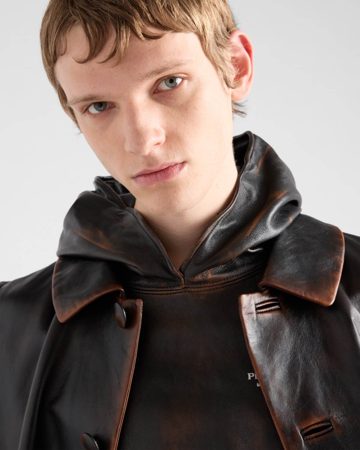 Prada SS25 Spring And Summer Men's Nappa Leather Hooded Raglan Long Sleeve Sweatshirt Leather Jacket #332536