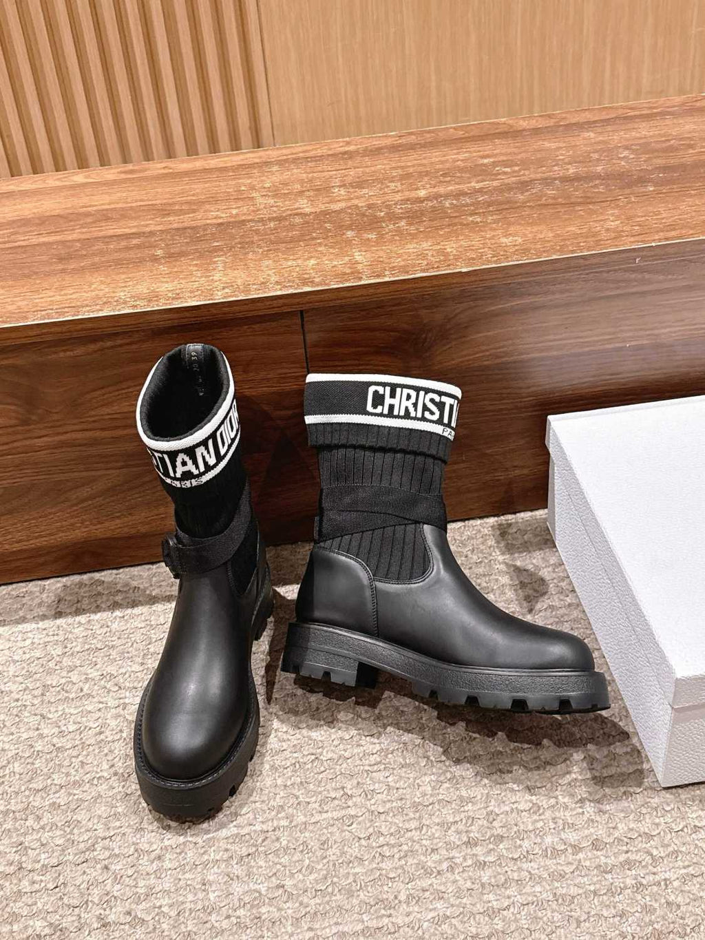 Dior Women's D-Major Ankle Boots Black Calf Leather With Black And White Technical Jersey #332813
