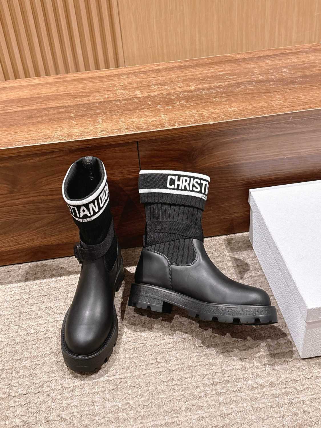 Dior Women's D-Major Ankle Boots Black Calf Leather With Black And White Technical Jersey #332813