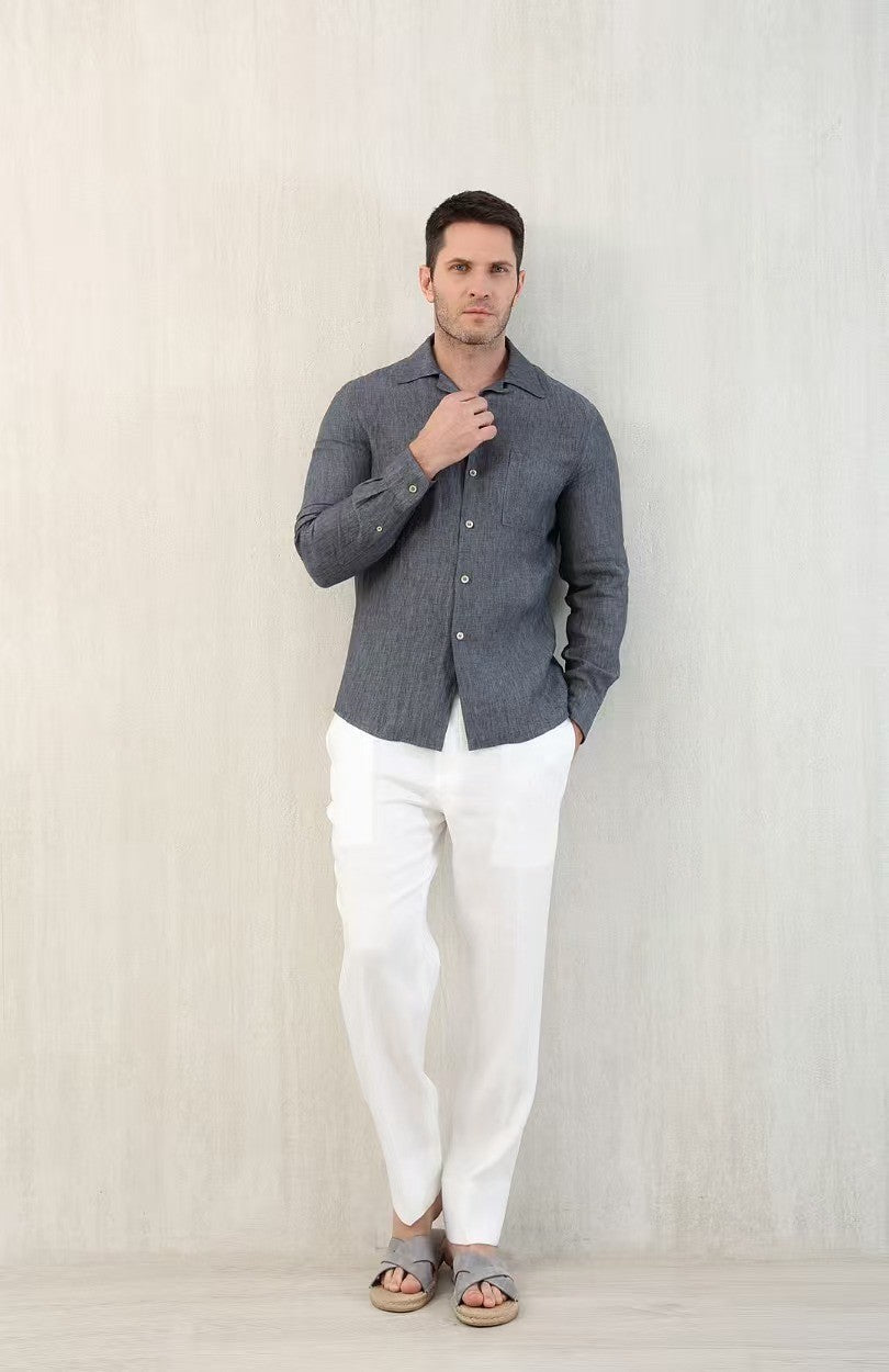 Brunello Cucinelli Men's Linen Easy Fit Shirt with Camp Collar and Chest Pocket Spring And Autumn Solid Color Long Sleeve Top Ngvp #1455
