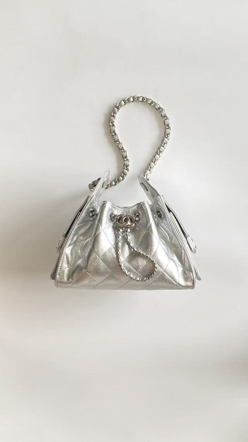 Chanel 25 Women's Mini Handbag Metallic Grained Embossed Calfskin And Silver Metal Silver #332929