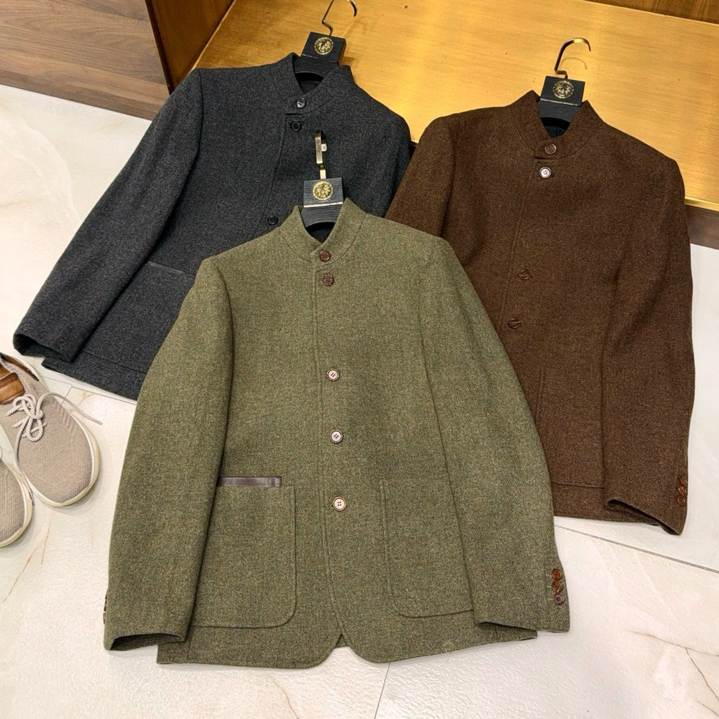 Ermenegildo Zegna Men's Spring/Fall Wool-Cashmere Blend Solid Color Stand Collar Workwear Zhongshan Suit Single-Breasted Long-Sleeve Pocket Jacket Ngvp #2528
