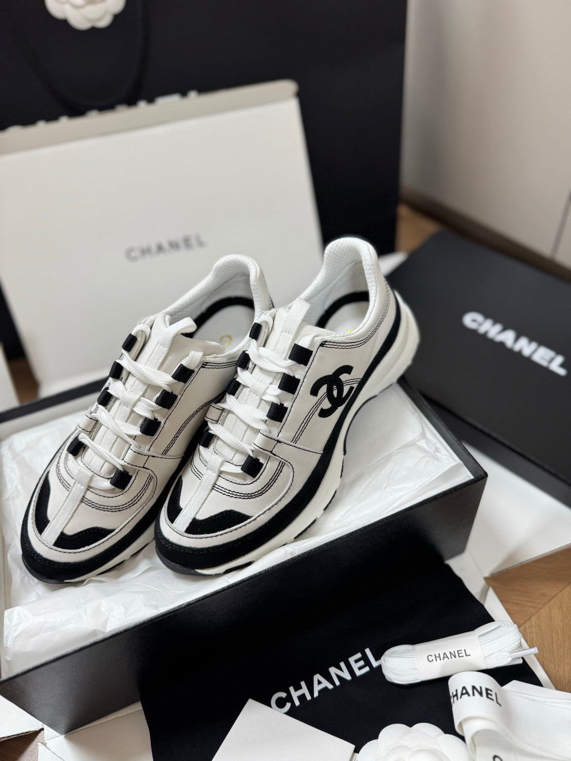 CHANEL Sneakers Calfskin Suede Calfskin White Black #381217
