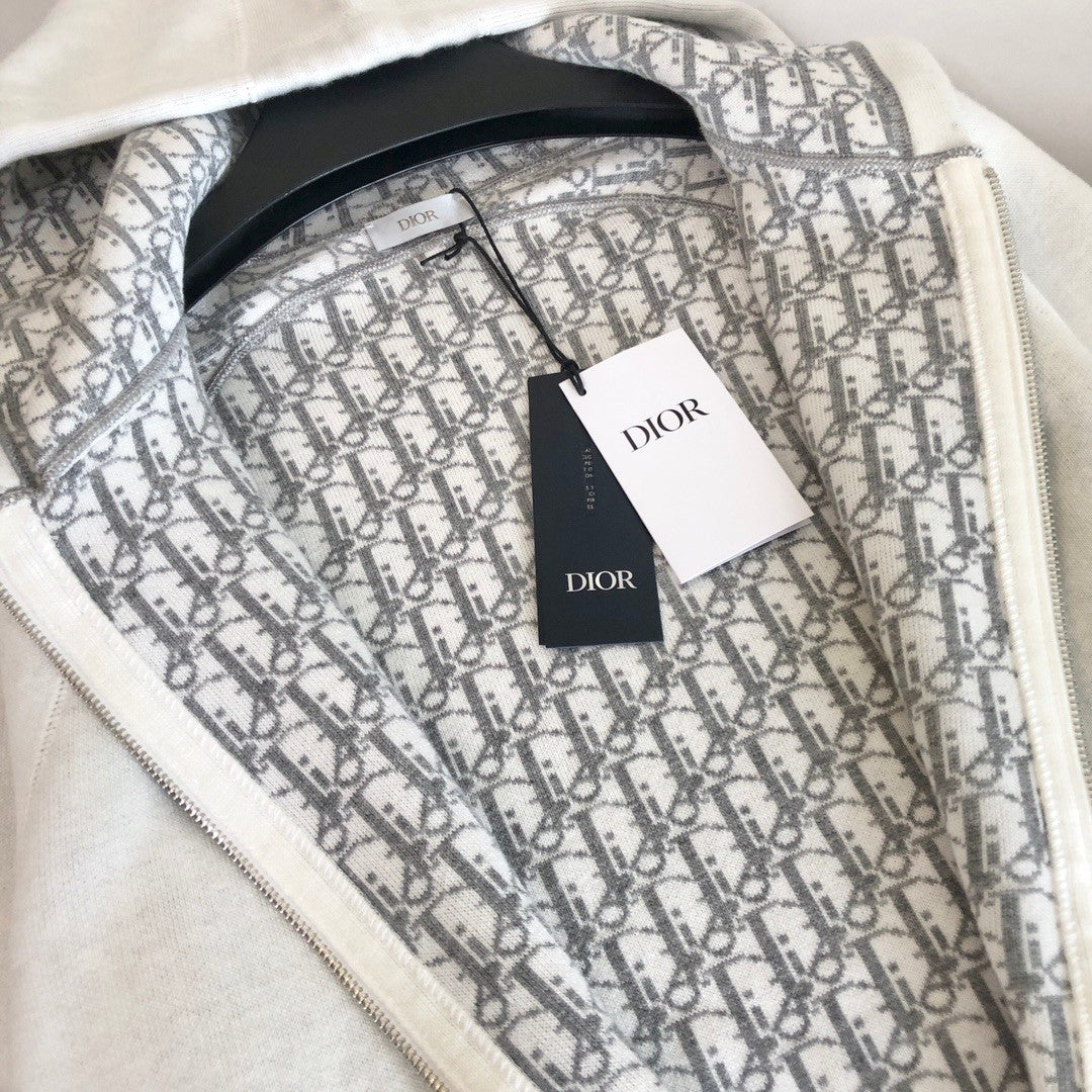 Dior Men's Autumn/Winter Monogrammed Lined Solid Color Wool Blend Hooded Zip-Up Jacket #72348