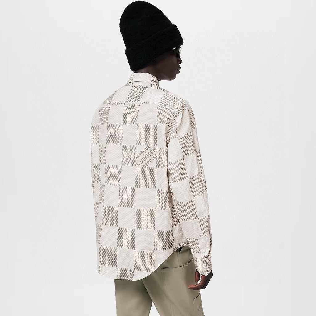Louis Vuitton Men's Summer White Letter Check Printed Lapel Single Breasted Long Sleeve Shirt #99211