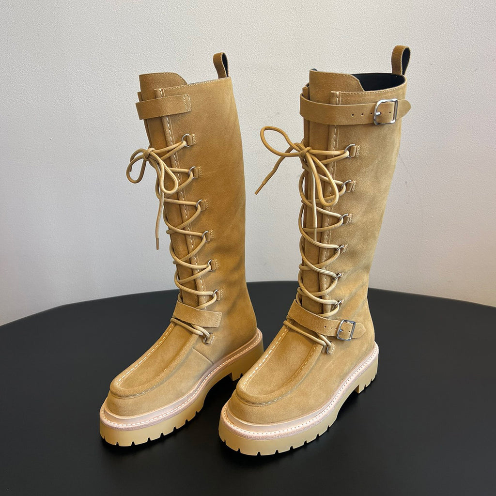 Hermes Women's Fall/Winter Cowhide Suede Lace-Up Knee-High Boots Solid-Color Buckle Casual Shoes Riding Boots Ngvp #2327