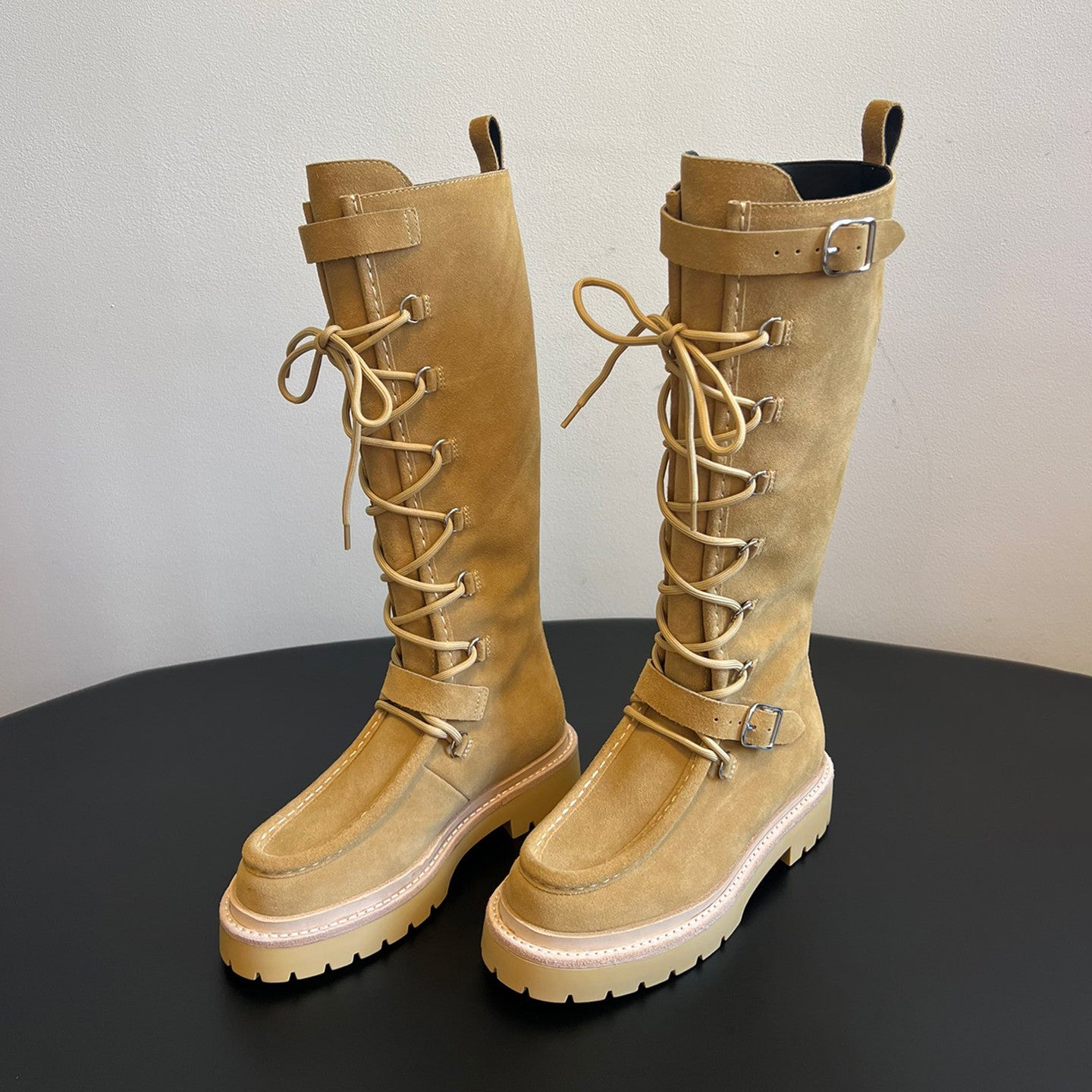 Hermes Women's Fall/Winter Cowhide Suede Lace-Up Knee-High Boots Solid-Color Buckle Casual Shoes Riding Boots Ngvp #2327