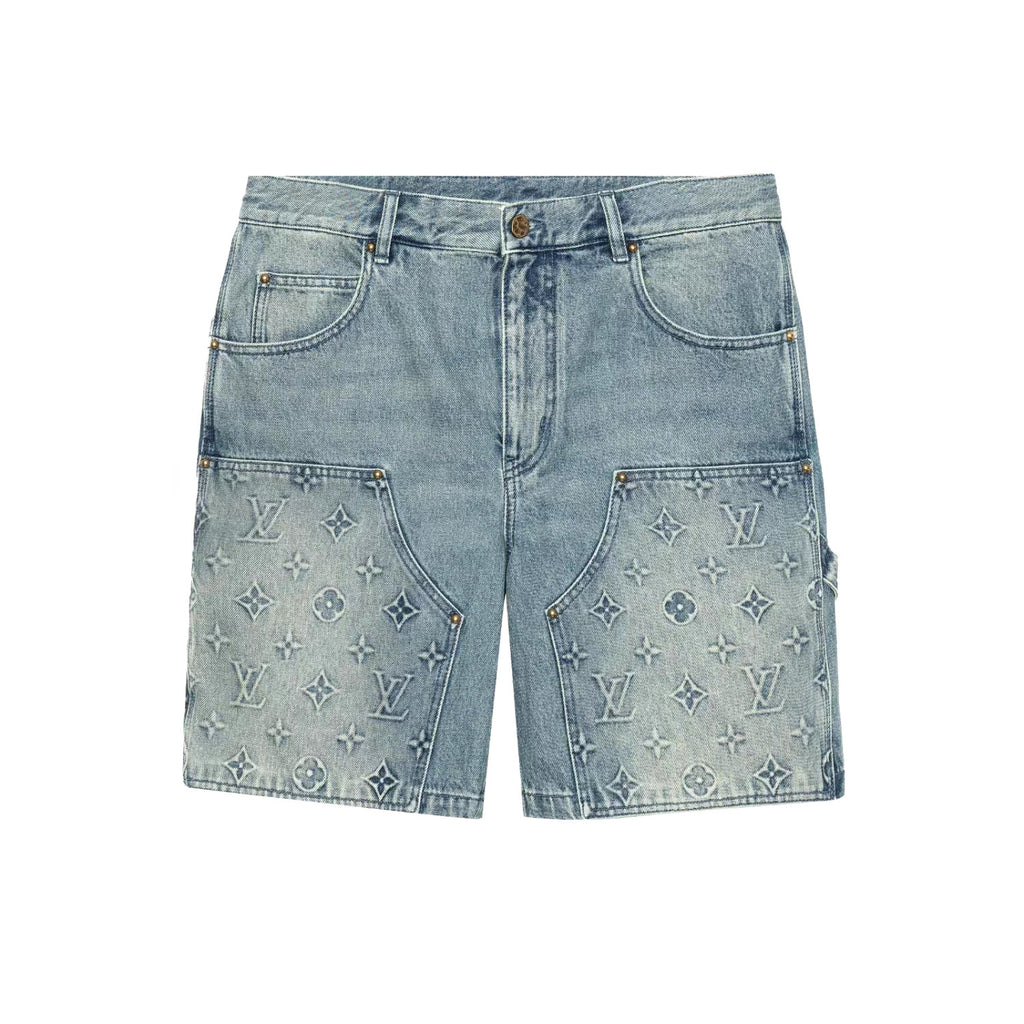 Louis Vuitton Men's Summer Fashion Casual Collared Single Button Classic Embossed Denim Short Sleeve Shirt Classic Print Zipper Mid Rise Workwear Denim Shorts Suit Set #78561