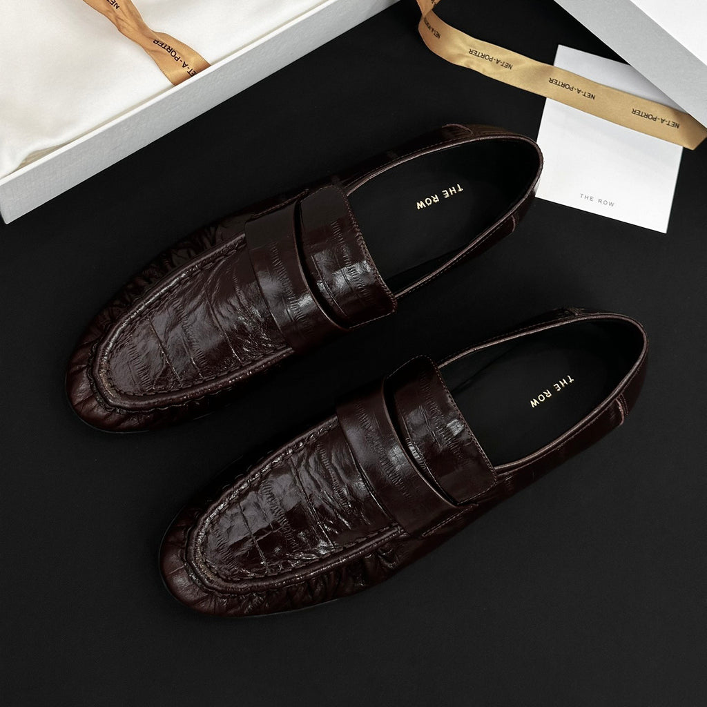 THE ROW Women's Fashion Classic Round Toe Slip On Loafers With Pleated Leather Embossing Pleated Texture Slip On Loafers Shoes #79179