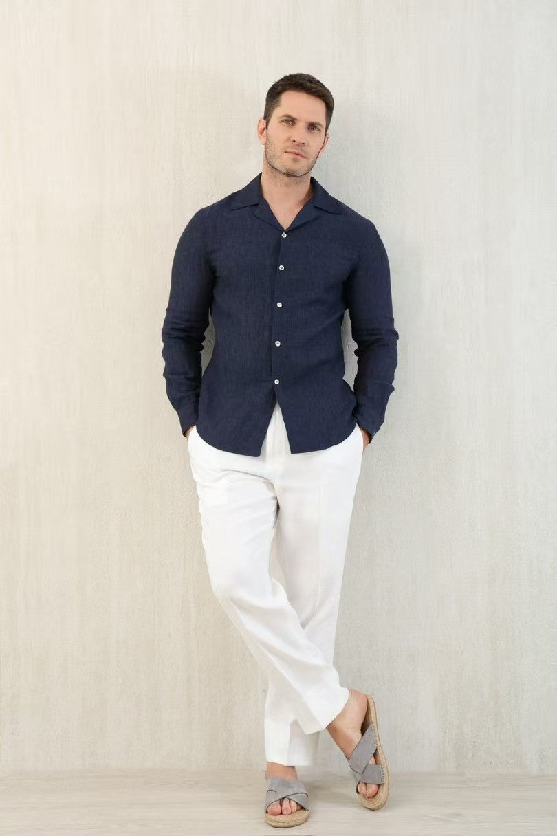 Brunello Cucinelli Men's Linen Easy Fit Shirt with Camp Collar and Chest Pocket Spring And Autumn Solid Color Long Sleeve Top Ngvp #1455
