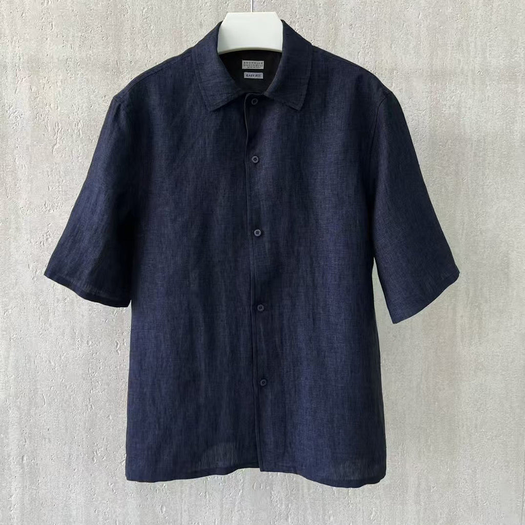 Brunello Cucinelli Men's Linen Loose Summer Single-Breasted Solid Color Lapel Short Sleeve Shirt Ngvp #1454