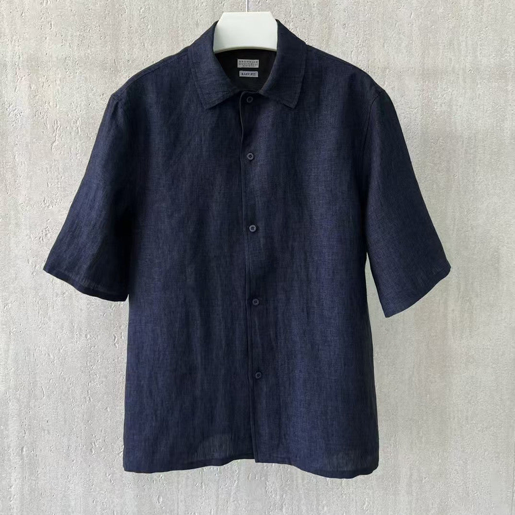 Brunello Cucinelli Men's Linen Loose Summer Single-Breasted Solid Color Lapel Short Sleeve Shirt Ngvp #1454