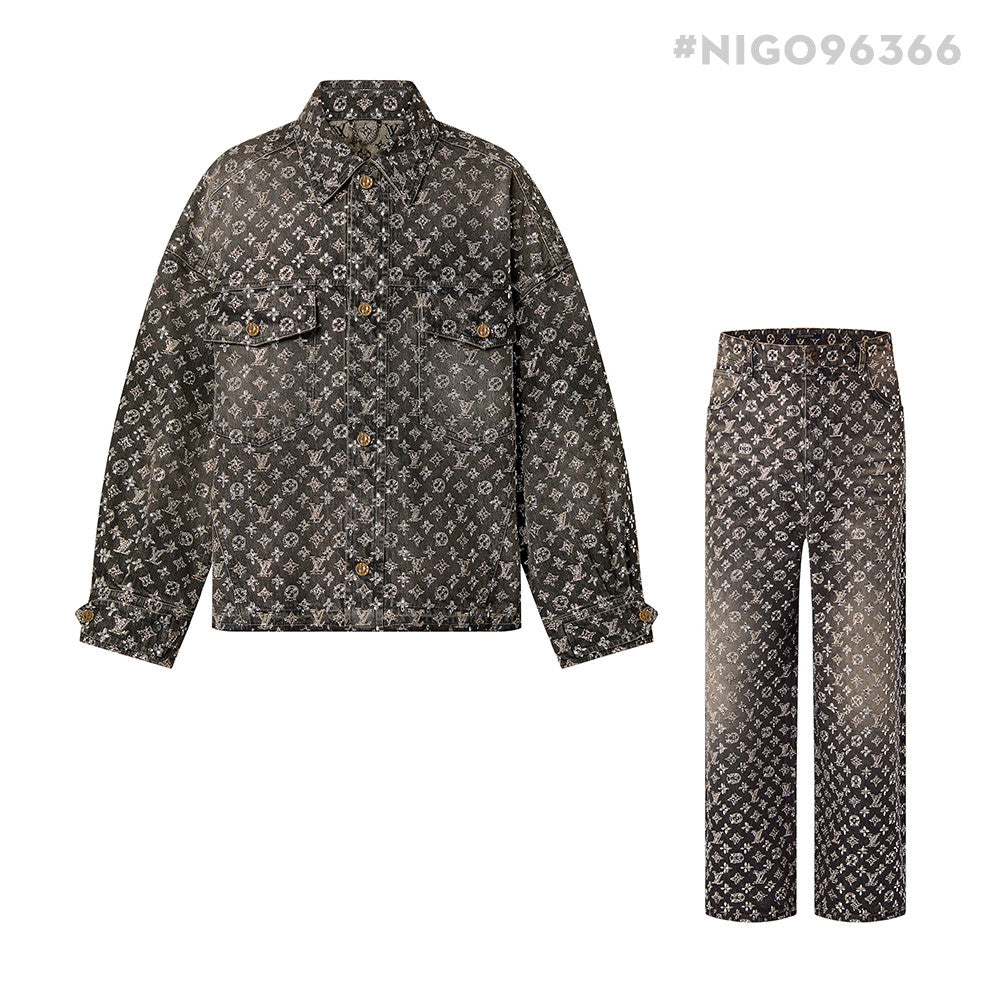 Louis Vuitton Made To Order Embroidered Monogram Baggy Denim Overshirt Jacket Jeans Pants suit Set #96366