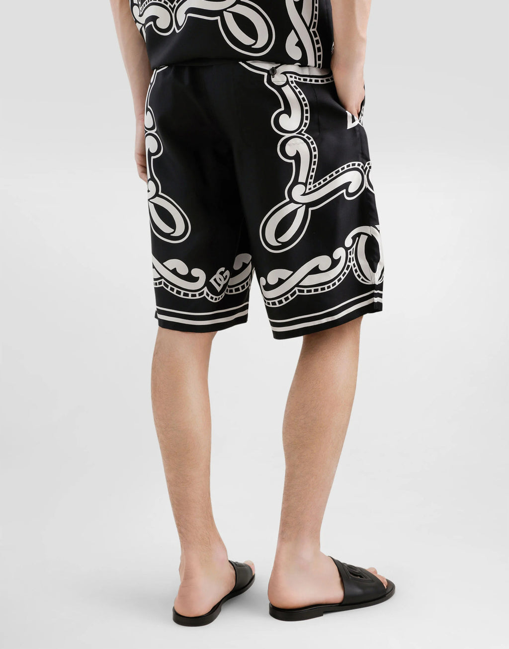 Dolce&Gabbana Men's Summer Bandanna Printed Silk Short Sleeve Shirt Casual Solid Color Elastic Waist Tie Shorts Suit Set #81277