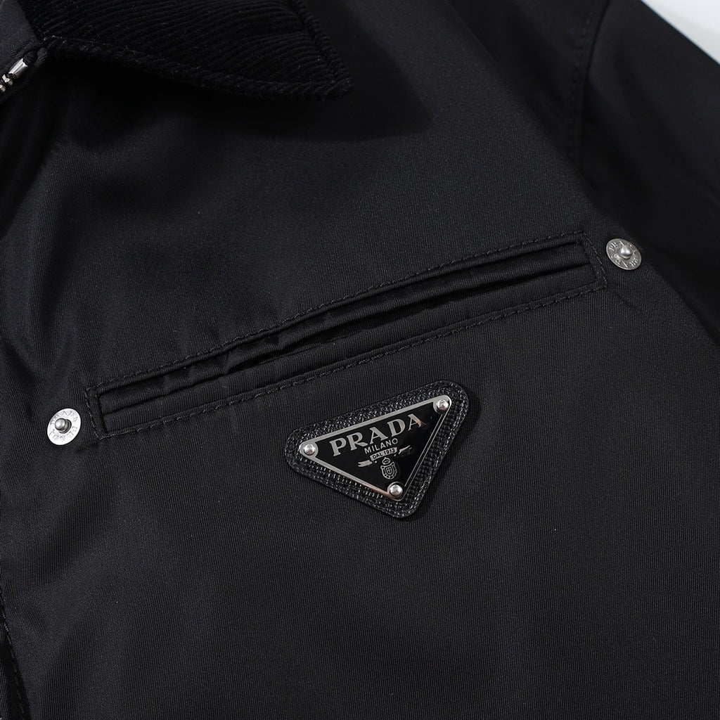 Prada Men's Fall And Winter Black Nylon With Corduroy Zipper Long Sleeved Jacket #73321