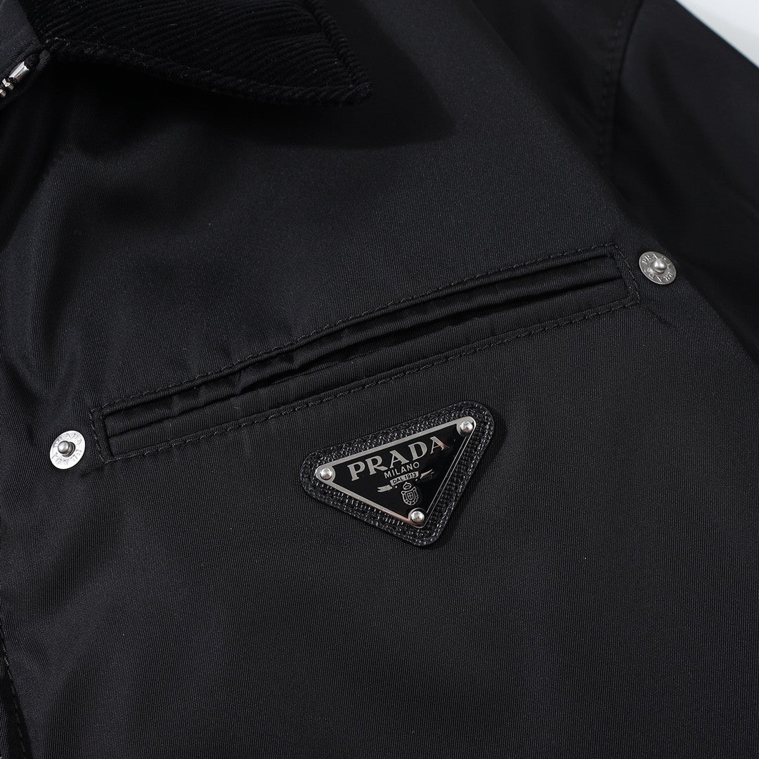 Prada Men's Fall And Winter Black Nylon With Corduroy Zipper Long Sleeved Jacket #73321