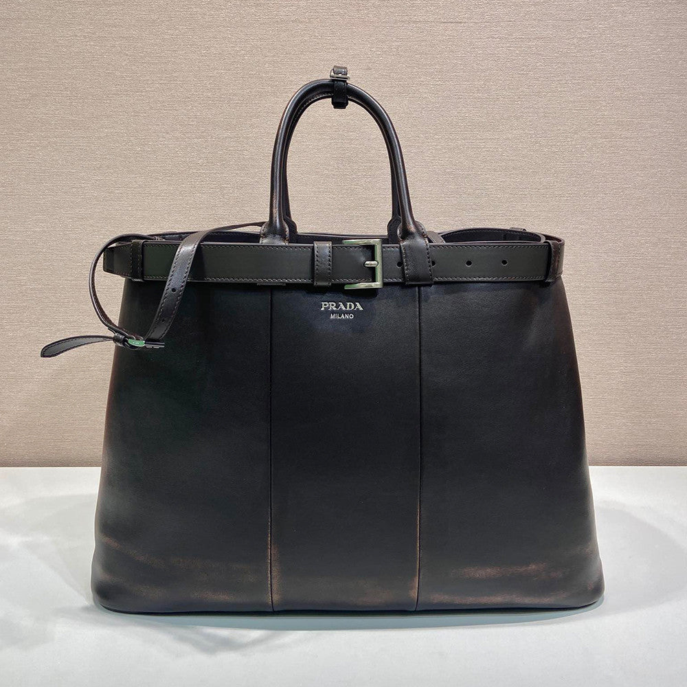 PRADA Black Prada Buckle Leather Bag With Belt #334235