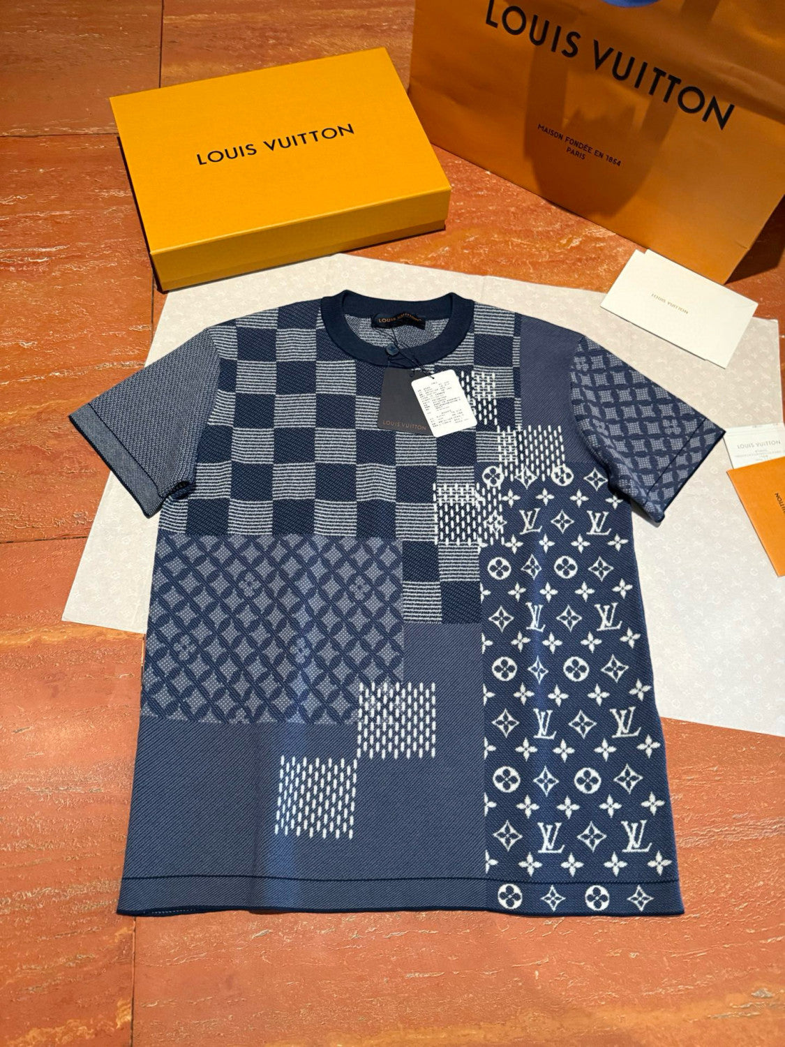 Louis Vuitton x Men's Letter Print Plaid Knit Summer Crew Neck Short Sleeve Solid Color T-Shirt #81354