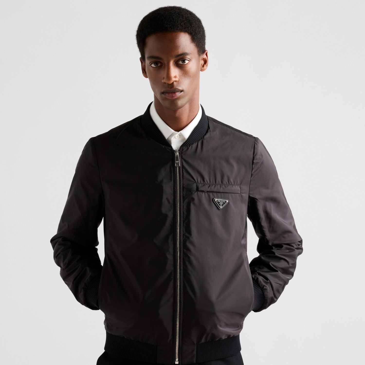 Prada Men's Fall/Winter Fashion Classic Solid Color Leather Crew Neck Zip Up Reversible Leather Plain Weave Jacket #79345