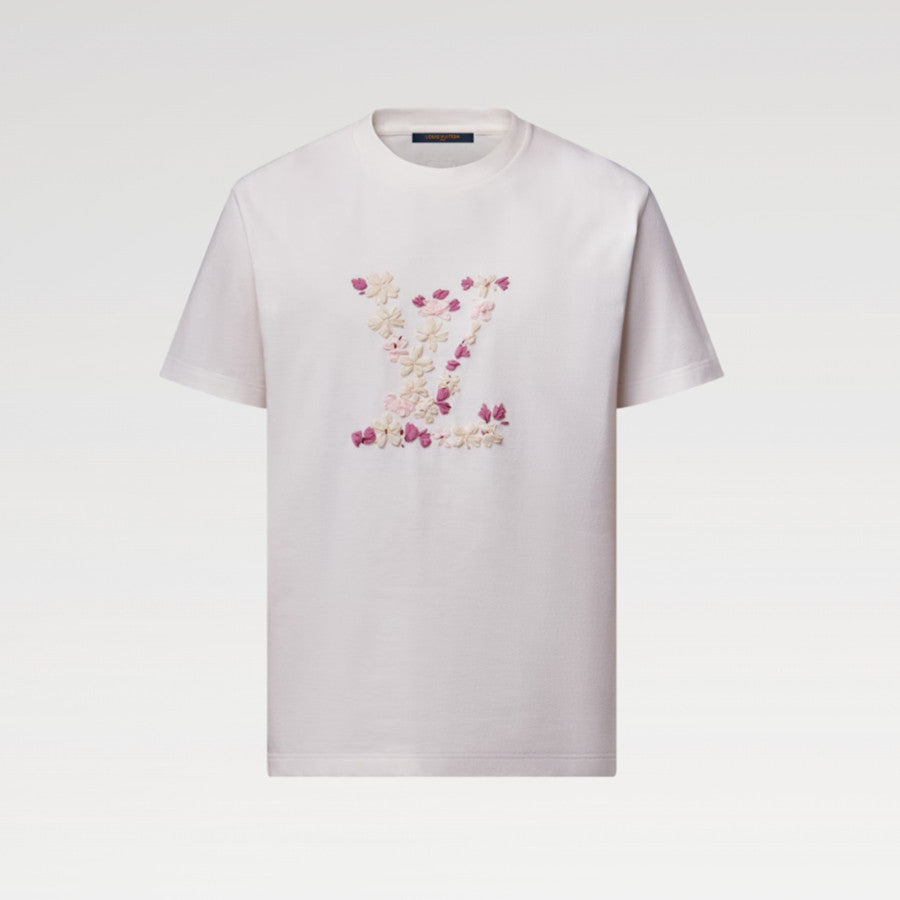 Louis Vuitton x Men's Floral Embroidered Round Neck Cotton Solid Color Summer Straight Short Sleeve T-Shirt #81353