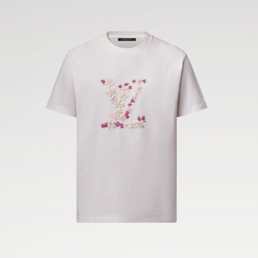 Louis Vuitton x Men's Floral Embroidered Round Neck Cotton Solid Color Summer Straight Short Sleeve T-Shirt #81353