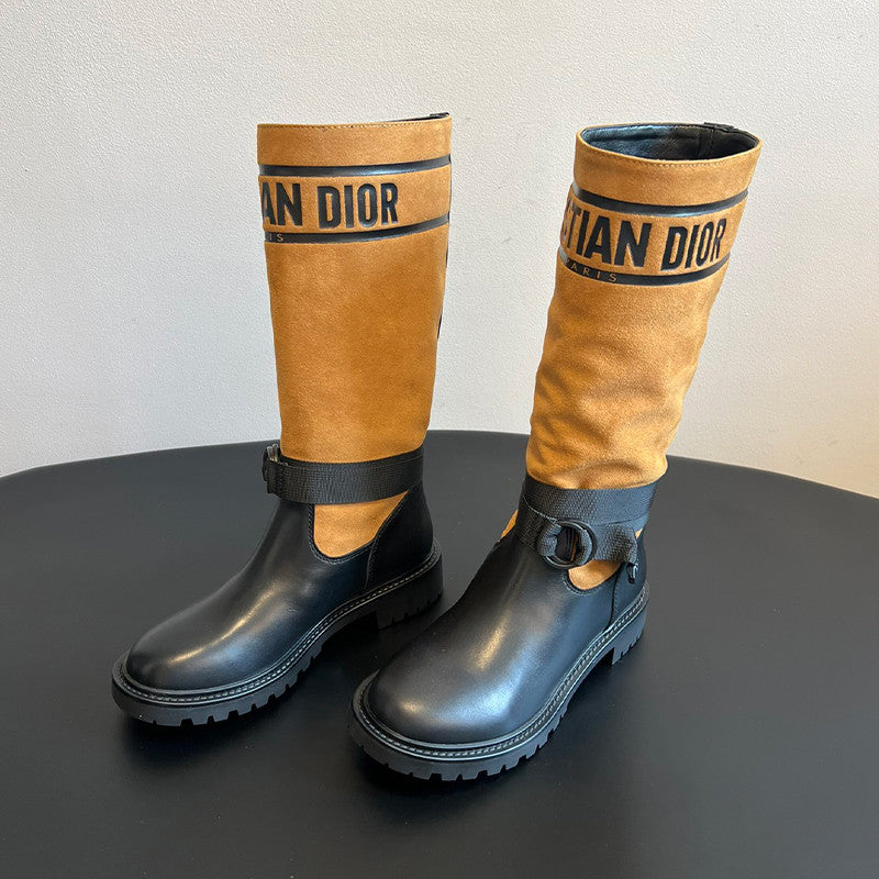 Dior Women's Spring/Fall/Winter Leather And Suede Blend Vintage Chunky-Heeled High-Top Boots Casual Long Riding Boots Shoes #81721