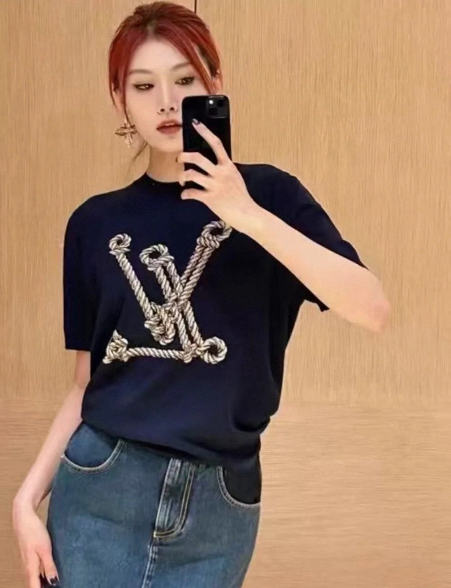 Louis Vuitton Women's Spring And Summer Nautical Series Blue Knitted T-shirt Fashion Trend Jacquard Casual Round Neck Top #81629