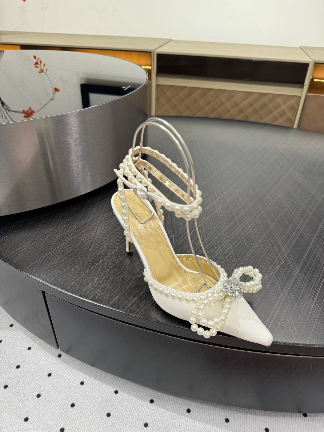 Mach & Mach Women's Spring. Summer And Autumn Pointed Toe Pearl Decorated Solid Color High Heels Fine Heeled 9cm Casual Sandals Shoes #77674