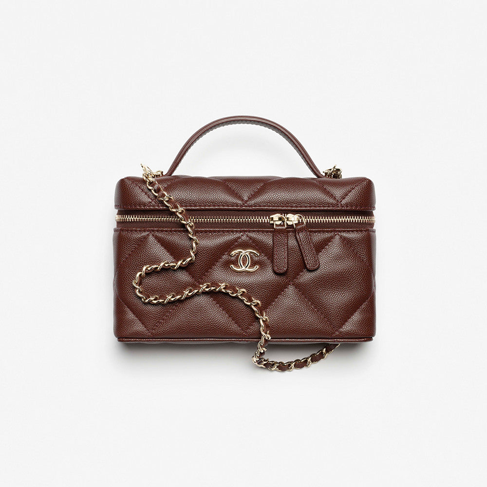 Chanel Chain Dressing Table Grained Shiny Calfskin with Gold Metal Dark Brown Fashion #332778