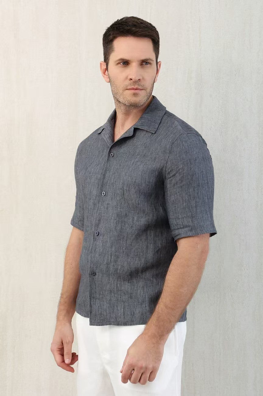 Brunello Cucinelli Men's Linen Loose Summer Single-Breasted Solid Color Lapel Short Sleeve Shirt Ngvp #1454