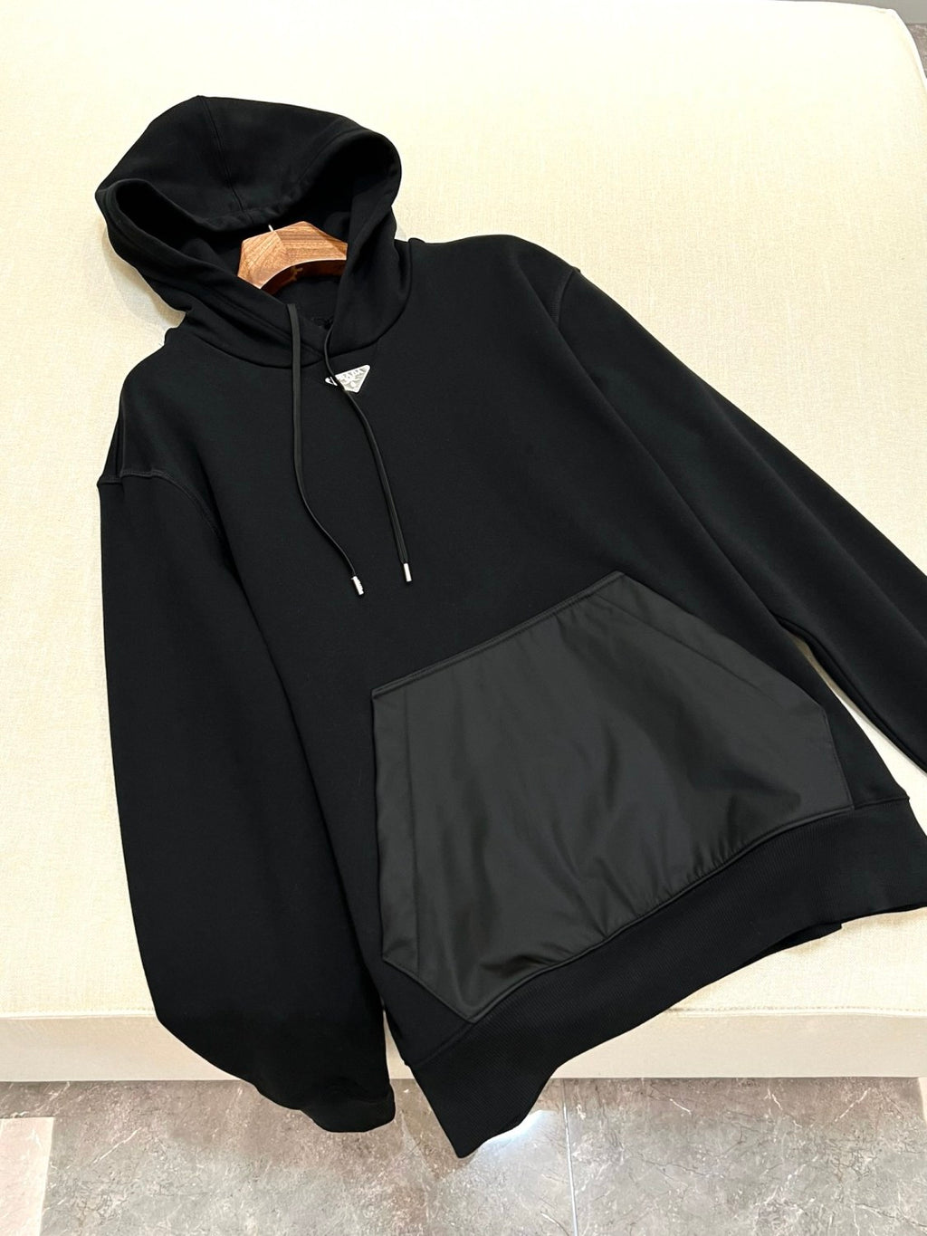 Prada Men's Spring and Fall Triangle Metal Label Black Cotton Hooded Drawstring Loose Sweatshirt Pullover #73284
