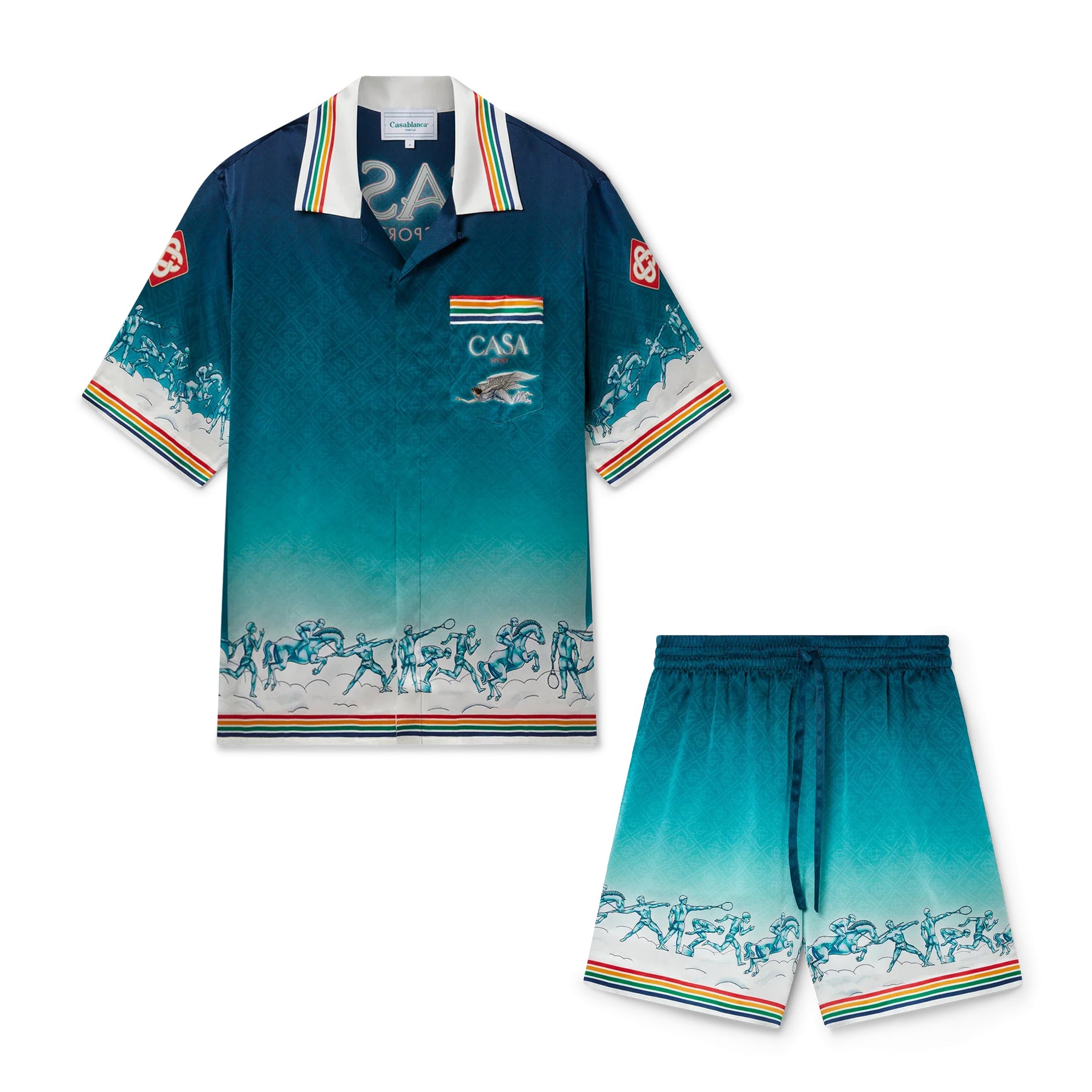 Casablanca Men's Summer Gradient Pattern Printed Lapel Loose Single Breasted Short Sleeve Shirt Tie Stretch Waistband Shorts Set Suit #73425