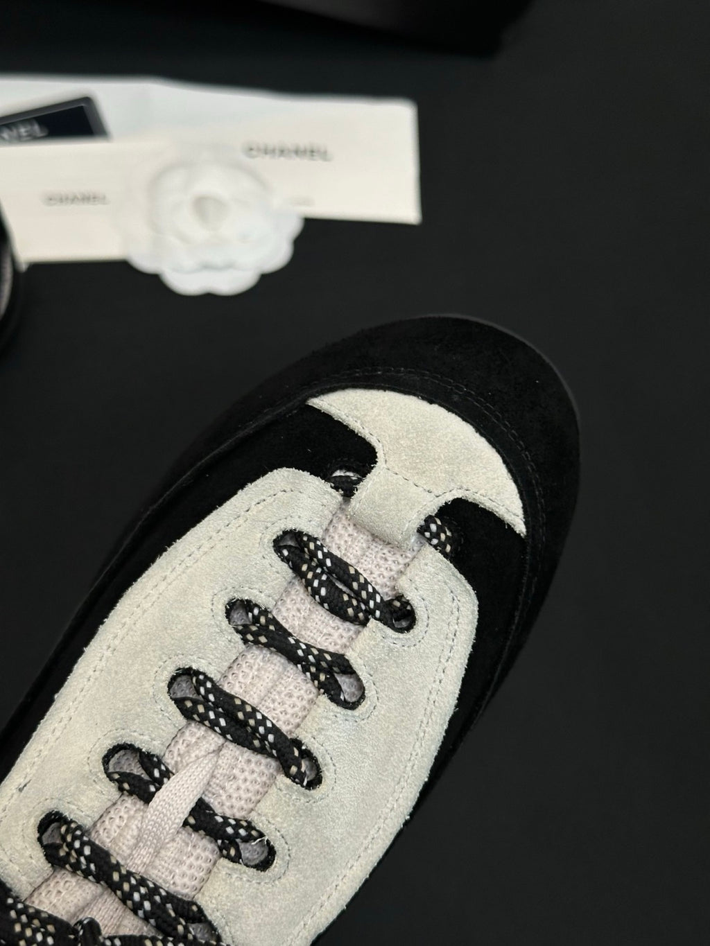 CHANEL Sneakers Velvet Calfskin Mixed Fibers Black White #386496