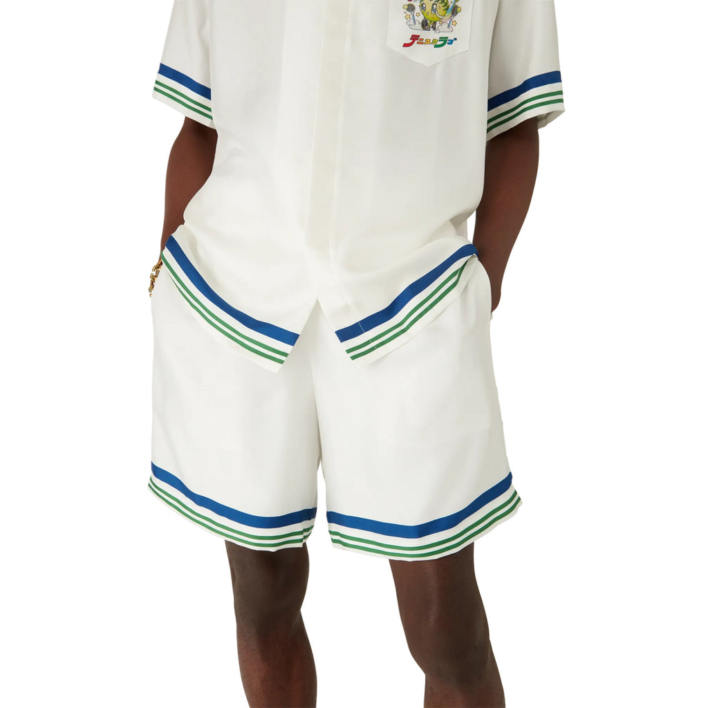 Casablanca Men's Summer Fashion Casual Doll Print Tennis Pattern Collared Single Breasted Short Sleeve Silk Shirt with Waist Elastic Silk Shorts Suit Set #78746